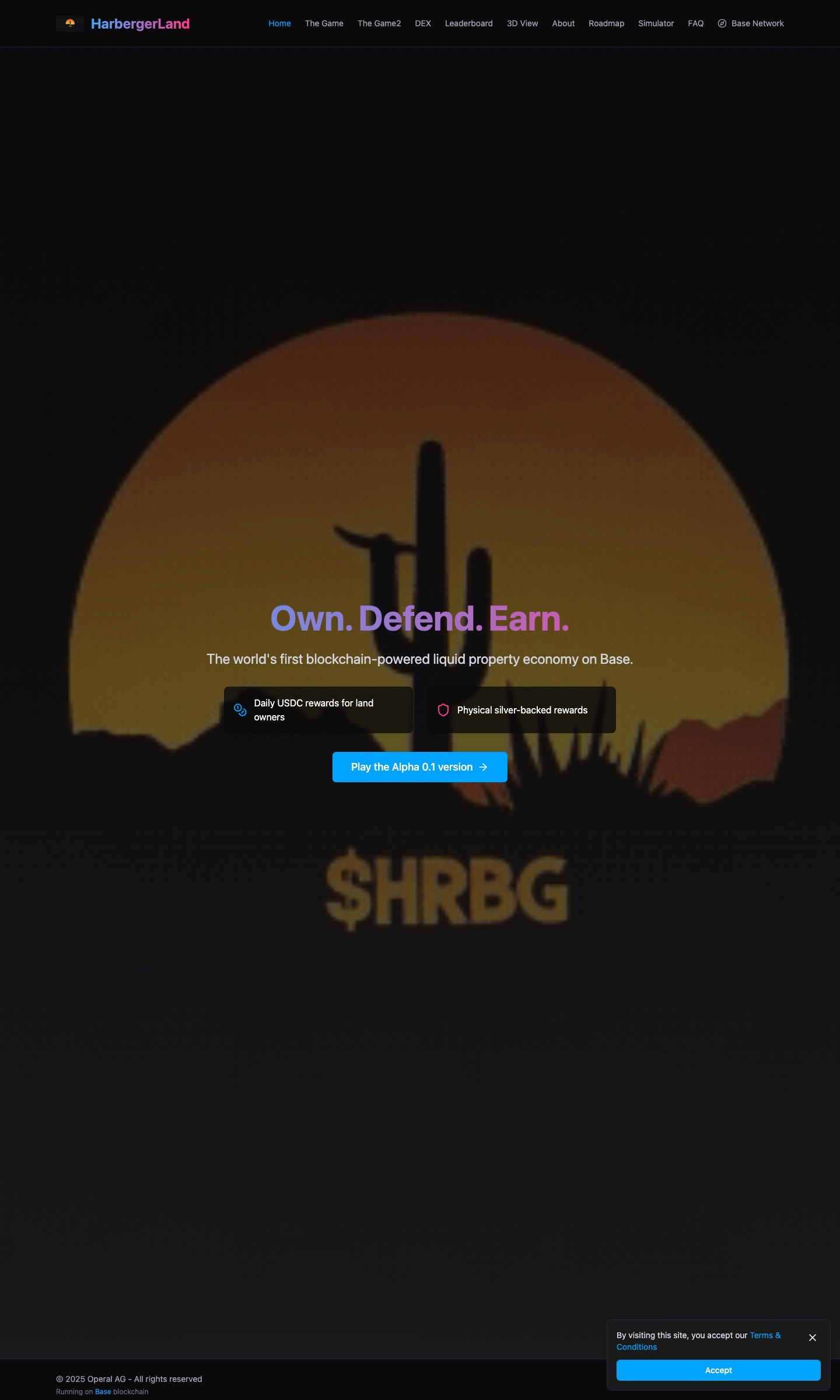 Live site — “Own. Defend. Earn.”, © 2025 Operal AG.