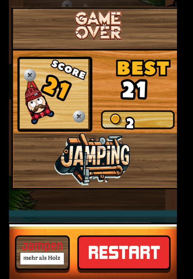 Game over — “Jampen – mehr als Holz” branding.