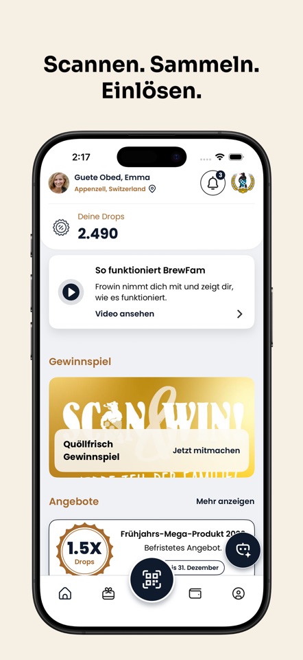 BrewFam-App-Store-Screenshot — «Scannen. Sammeln. Einlösen.»