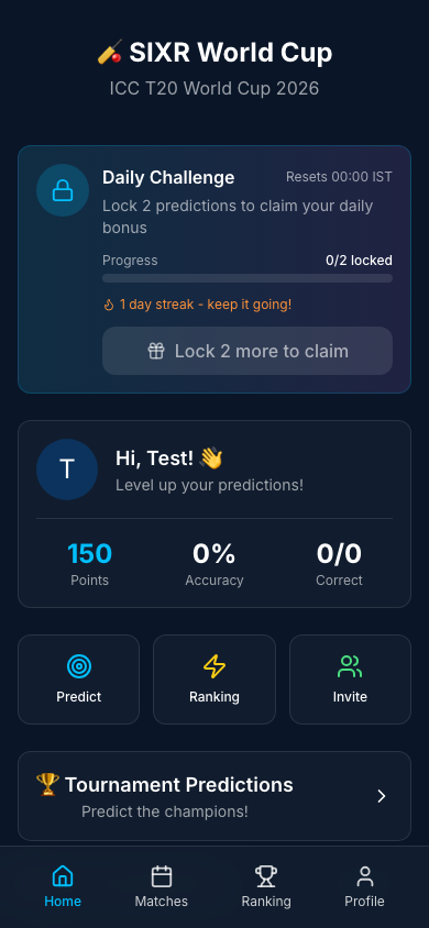 SIXR World Cup Telegram Mini App — daily challenges.