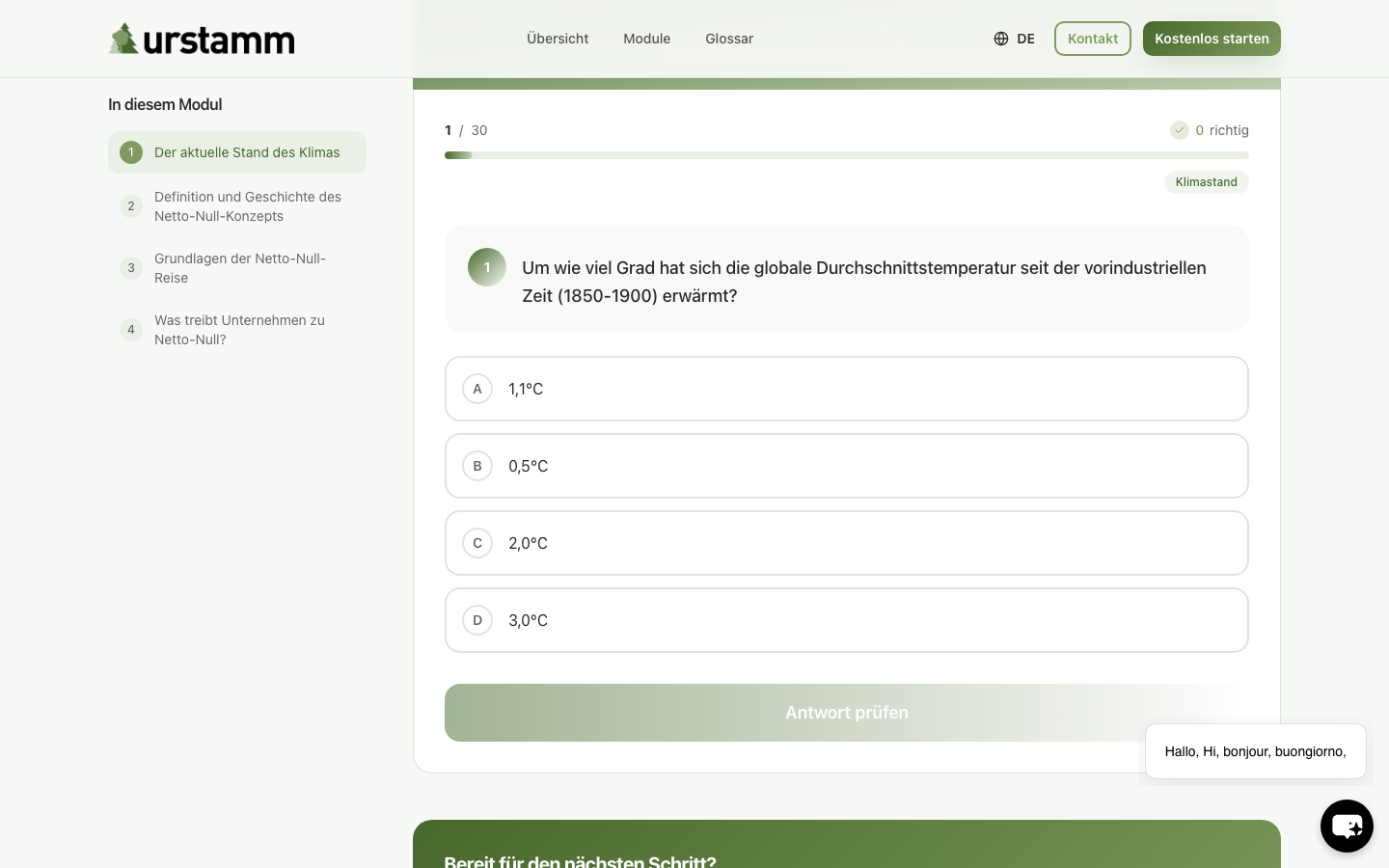 Quiz UI — 30 questions, pass at 60%.
